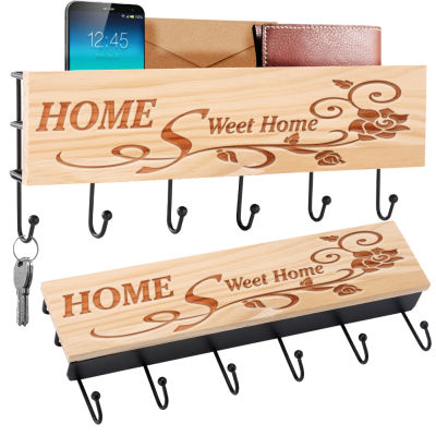 Wooden Decorative Key Hanger Iron Six Hooks Storing Sundries Wall Keys Rack Placing Phones Household Office Hollow Storage Box