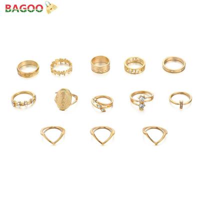 BAGOO 13ชิ้น/เซ็ตตัวอักษรพลอยเทียมแหวนผู้หญิงเรขาคณิตแหวนข้อนิ้วเครื่องประดับของขวัญแฟชั่น2021