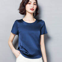 2021 Summer Basic Solid Womens T-Shirts O-Neck Short Sleeve Tees Tops Satin Silk Elegant Thin Shirts for Female