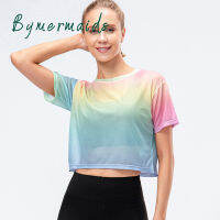 Bymermaids และใหม่สีรุ้งผู้หญิงโยคะด้านบนระบายอากาศหลวมวิ่งกีฬาเสื้อยืดกลางแจ้งการฝึกอบรมโยคะหนึ่งตัวถังยิมเสื้อผ้า...