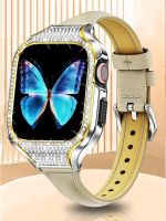 Metal Bling Case+Leather Strap For Apple Watch Band 40mm 41mm Stainless Steel Diamond cover+bracelet iwatch series se 7 6 5 4 8 Straps