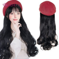 HUAYA Black Brown Wavy Curly Long Synthetic Hair Wigs for Women with Red Beret Naturally Connect False Hair Girl Party Hat Wig