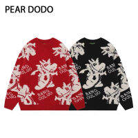 PEAR DODO คอกลมสไตล์เกาหลีพิมพ์ลายการ์ตูนแบบหลวมสร้างสรรค์เสื้อกันหนาวแบบถักคู่สำหรับผู้หญิง