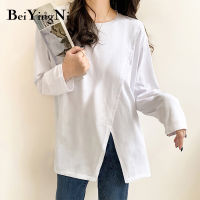 Beiyingni Harajuku Oversized T Shirts Womens Split Chic Cotton White Black Korean Style T-shirt Female O-neck Top Fashion Casual