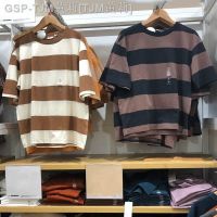 2023ใหม่ Uniqlo ชุดออกแบบเสื้อผ้าบุรุษห้องลองเสื้อเสื้อยืดลายทางหนาแขนสั้นคอกลมแบบหลวม423244