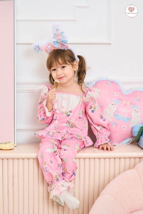 mariadiamond-สีชมพู-kids-goodnight-bunny-pajamas-เด็ก-ผ้าไหมซาตินพิมพ์ลาย-ชุดนอน-เบาสบาย-ระบายอากาศ-ไม่คัน-ไม่ร้อน