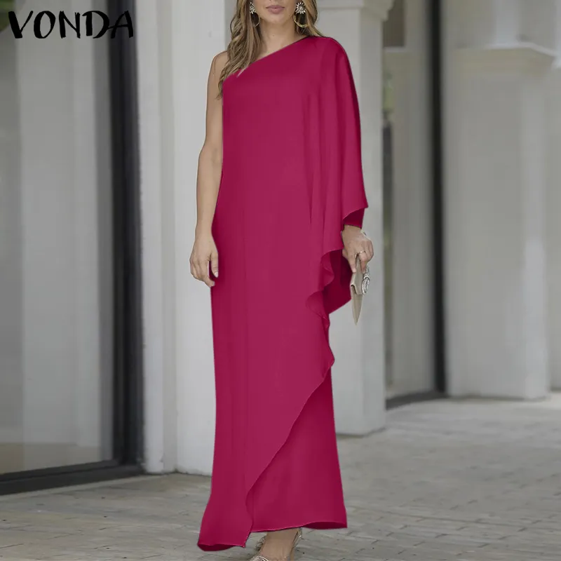 VONDA Womens Elegant Sloping Shoulders Dress One Side Ruffle Long