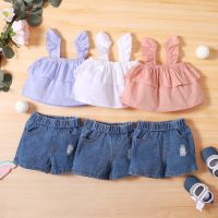 0-4Years Summer Infant Baby Girls 2pcs Clothes Sets Solid Strap Sleeveless Ruffles Vest Tops+Denim Shorts Baby Clothing Sets  by Hs2023