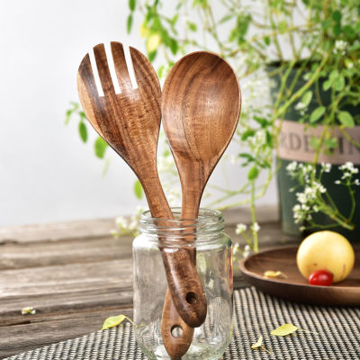 2Pcs Wooden Salad Spoon Fork Large Serving Spoon Set Salad Server Wood Kitchen Utensils Long Handle Soup Spoon Ladle Tableware