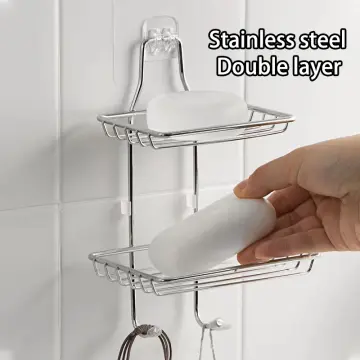 Ceramic Soap Dish Stainless Steel Soap Holder for Bathroom and Shower Double Layer Draining Soap Box