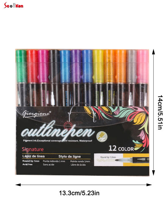 ปากกามาร์กเกอร์เขียนโครงร่างโลหะ12-24สีสำหรับทำ-doodling-และทำบัตร