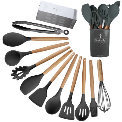 12PCS Silicone Cooking Utensils Set Storage Box Holder Non-stick Spatula Shovel Wooden Handle Cooking Tools Set Kitchen Tools