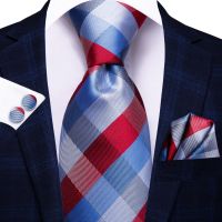 Hi-Tie Light Blue Red Plaid Silk Wedding Tie For Men Handky Cufflink Set Fashion Designer Gift For Mens Necktie Business Party