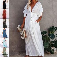 COD DSTGRTYTRUYUY Woman Boho Fashion Elegant Sexy V Neck Bikini Blouse Long White Corset Casual Summer Beach Dress Elegant Women