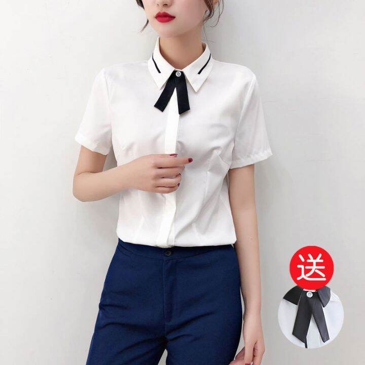 white-short-sleeved-shirt-female-summer-new-design-feeling-small-han-edition-small-temperament-shirt-collar-beautician-overalls