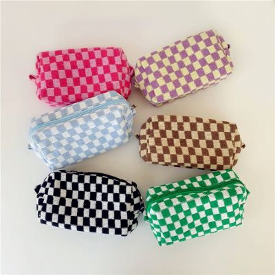 № .Checkerboard Lattice Makeup Bag Knitted Fabric Women Cosmet