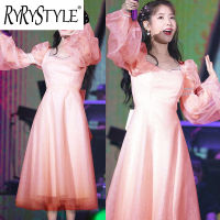 RYRYSTYLE ชุดเดรสแขนพองผ้าตาข่ายสีชมพูสำหรับ Lee เกาหลีชุดเดรสคอเหลี่ยม9324