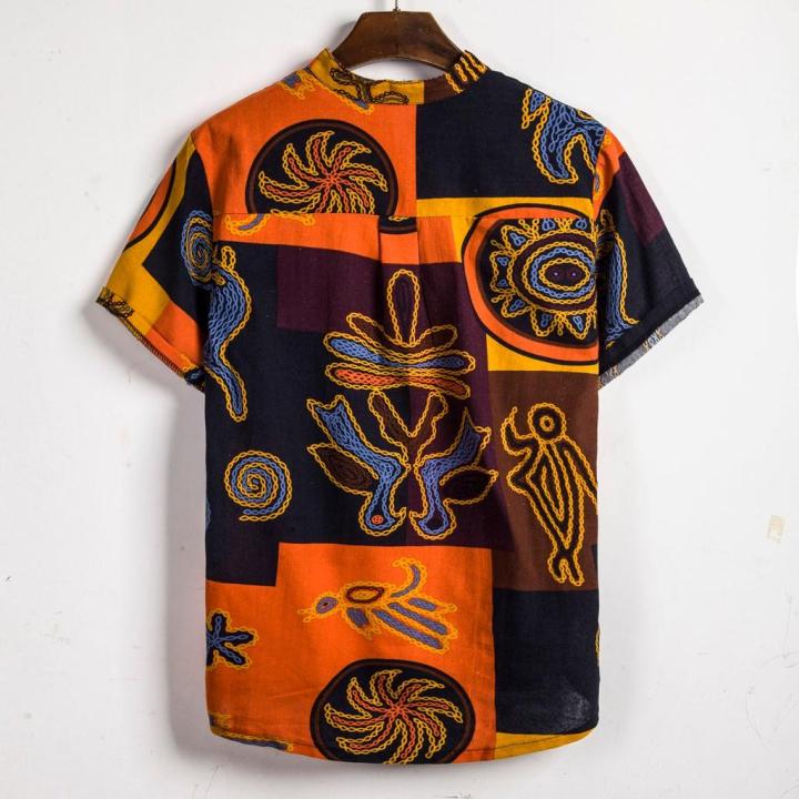 rainny-บุรุษชาติพันธุ์แขนสั้นลำลองผ้าฝ้ายผ้าลินินพิมพ์เสื้อฮาวายสำหรับผู้ชายเสื้อ
