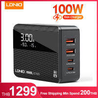 LDNIO GaN ที่ชาร์จ USB-C 100W ชาร์จเร็ว4พอร์ตอะแดปเตอร์แท่นชาร์จผนังพร้อมที่ชาร์จจอแสดงแรงดันไฟฟ้า GaN