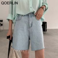 QOERLIN กางเกงขากว้างขาสั้นแบบ Celana Pendek Denim มีกระเป๋าขาด,กางเกงสีฟ้า: แนวเรโทรเอวสูงแบบเกาหลีกางเกงยีนส์ขาสั้นสตรีกางเกงลำลองทรงหลวม