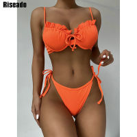 【CW】Riseado Ruffle y Bikini Push Up Swimwear Women 2022 Ribbed Swimsuit Orange Bathing Suit Tie-waist Biquinis High Cut Beachwear