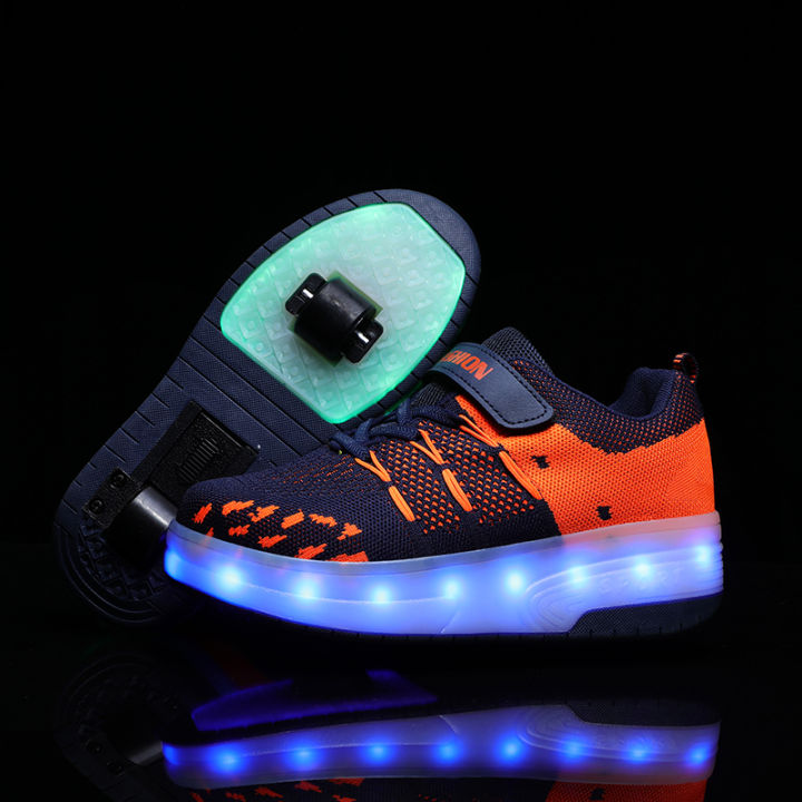 Children Two Wheels Luminous Glowing Sneakers Black Blue Led Light Roller  Skate Shoes Kids Led Shoes Boys Girls USB Charging 