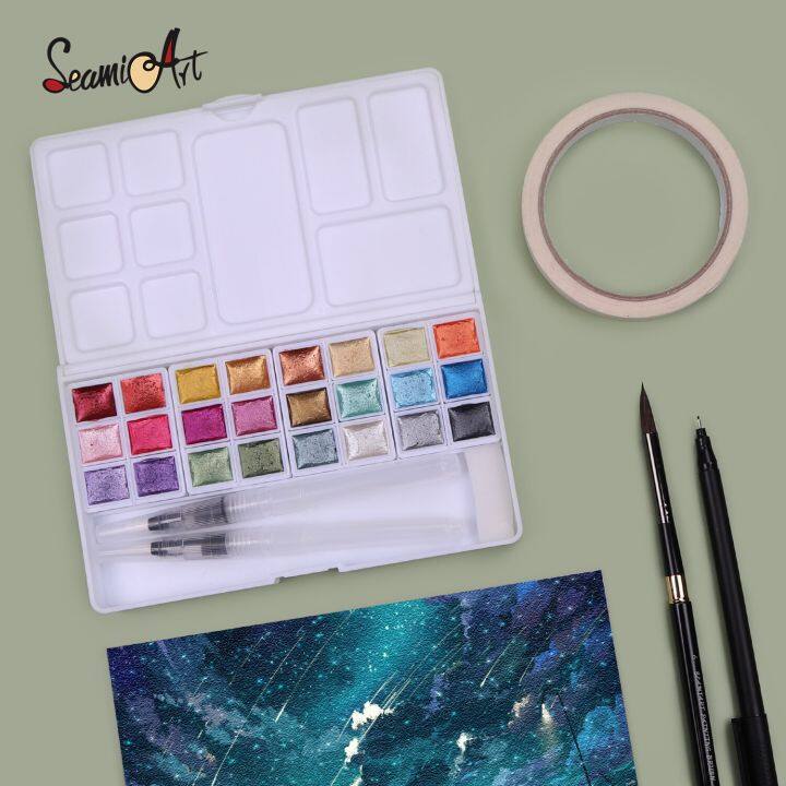 seamiart-2023ชุดกล่องของขวัญรูปวาดสีน้ำโลหะกลิตเตอร์24สีสำหรับสีน้ำศิลปินอุปกรณ์วาดรูป