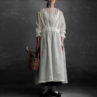 Johnature Vintage Japanese Linen Ruffles Sleeve Women Dresses 2022 Autumn New Embroidery Loose Button Pockets Female Dress