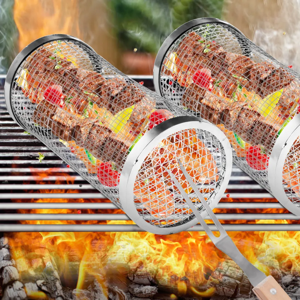 Round Rolling Grill Basket Outdoor Camping Barbecue Rack BBQ Accessories  Tool