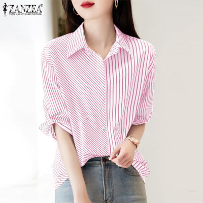 (สินค้ามาใหม่)(จัดส่งฟรี)Fancystyle ZANZEA เสื้อเสื้อพิมพ์ลายลายทางลำลองสำหรับสไตล์เกาหลีของผู้หญิงสำนักงานเสื้อสตรีคอปกใส่ทำงานหรูหรา #10