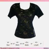 USED - Stretchy Sheer Black Lace Top | เสื้อแขนสั้นสีดำ เสื้อลูกไม้ ลายดอก ลูกไม้ ระบาย ซีทรู สีพื้น สายฝอ มือสอง