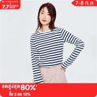 GIORDANO Women T-Shirts Crewneck Contrast Color Stripe T-Shirts Comfy 100% Cotton Long Sleeve Casual Quality T-Shirts 13322751