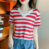 Stripe Tshirt Women Short Sleeve Knitted Top Korean Style Summer Fashion V Neck T Shirt Casual Tee