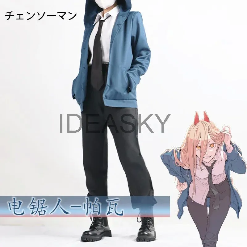 Power Cosplay Anime Chainsaw Man Costume Wig Blue Jacket Uniform Outfit  Hairpins Blood Fiend Devil Makima Denji Halloween Wome