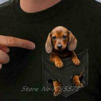 เสื้อยืดผู้ชาย Dachshund มีกระเป๋าผ้าฝ้ายฤดูร้อนคอกลม