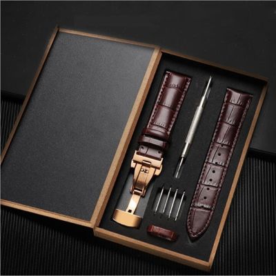 Leather Watch Band 12mm-24mm Double Press Butterfly Buckle Leather Watch Strap Bracelet with Repair Tool in Wooden Box