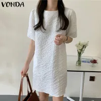 VONDA Women Short Sleeve Holiday Plain Mini Dresses Casual Crew Neck T-shirt Dress (Korean Causal)