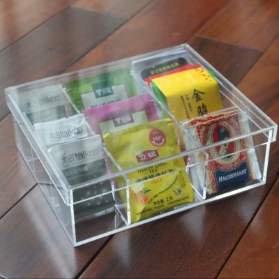 190x160x62mm Acrylic Storage Organizer Bin Box 9 Divided Sections For Tea Bags Coffee Packets Sugar Sweeteners Small Packets