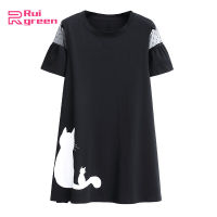 Rui green Women Summer Short Dress Cat Printing Loose Waist Round Collar Shirt Tops