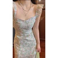 Retro French Fairy ชุดนางเงือกเซ็กซี่ Suspenders Long Dress Slit Dress Charming Floral DressTH