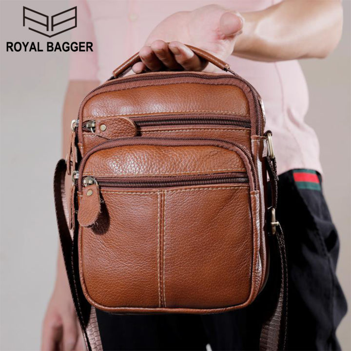 Royal Bagger New For Men Genuine Cow Leather Sling Shoulder Bag Business Casual Crossbody Multi 0516