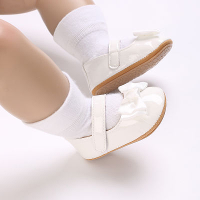 VALEN SINA รองเท้าเด็กวัยหัดเดินผูกโบว์ยางกันลื่นพื้นรองเท้ายางนิ่มแบบเรียบ PU สำหรับเด็กแรกเกิดคันแรกประดับโบว์ตกแต่ง Mary Janes