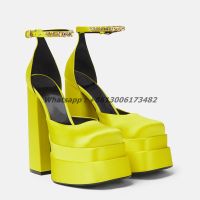 Hot woman square toe candy platform pumps woman chunky high heel double platform candy satin crystal buckle square toe pumps