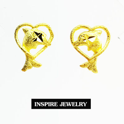 Inspire Jewelry ,microns gold 24k Gold Plated Earrings ,ต่างหูทองน่ารัก ตอกลายปลาโลมา แบบร้านทอง งานจิวเวลลี่ ทองไมครอน หุ้มทองแท้ 100% 24K สวยหรู