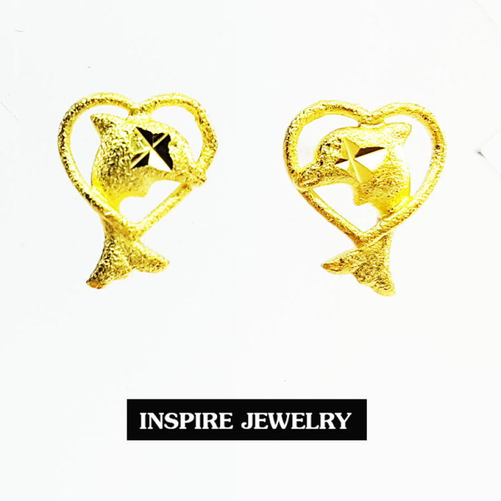 inspire-jewelry-microns-gold-24k-gold-plated-earrings-ต่างหูทองน่ารัก-ตอกลายปลาโลมา-แบบร้านทอง-งานจิวเวลลี่-ทองไมครอน-หุ้มทองแท้-100-24k-สวยหรู