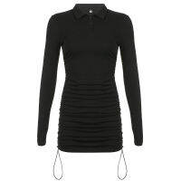 Womens Solid Long Sleeve Mini Dresses 2021 Autumn New Drawstring Ruched Turn-down Collar Skinny Dress Ladies Sexy Club Clothes