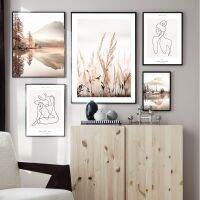 บทคัดย่อ Single Line Body Art Print - Beige Lake Tree Reed Landscape Nature Wall Art ภาพวาดผ้าใบสำหรับ Home Room Wall Decor