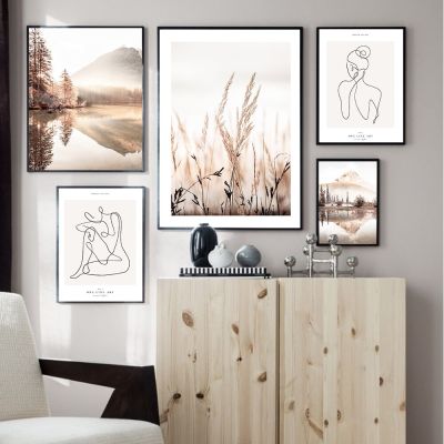 บทคัดย่อ Single Line Body Art Print - Beige Lake Tree Reed Landscape Nature Wall Art ภาพวาดผ้าใบสำหรับ Home Room Wall Decor