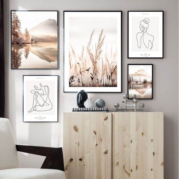 บทคัดย่อ-single-line-body-art-print-beige-lake-tree-reed-landscape-nature-wall-art-ภาพวาดผ้าใบสำหรับ-home-room-wall-decor