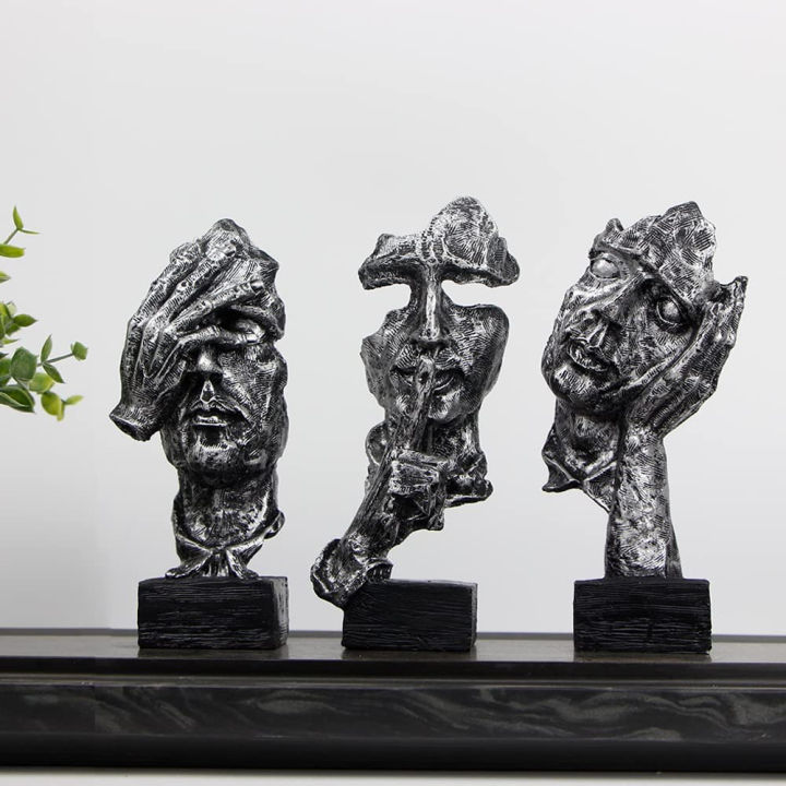 fumisee-3-pcs-thinker-statue-silence-is-gold-abstract-art-figurine-no-hear-no-see-no-speak-modern-home-resin-sculptures-decorative-objects-desktop-decor-silver-gold-silver